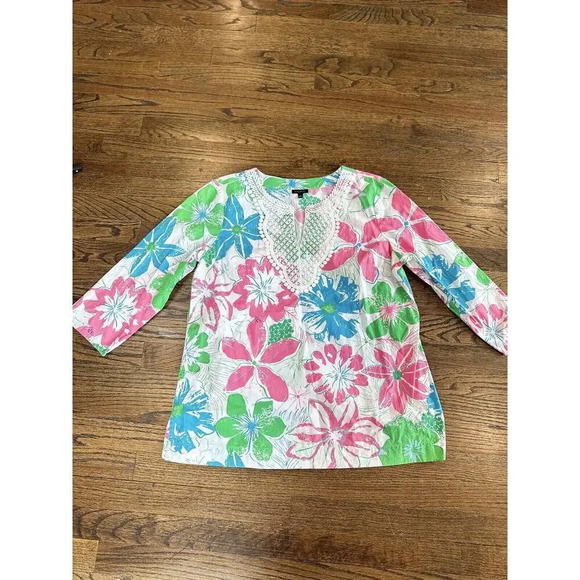 Talbots Womens Large Bright Floral 3/4 Sleeve Popover Cotton V-Neck Top X0917 - Picture 5 of 12